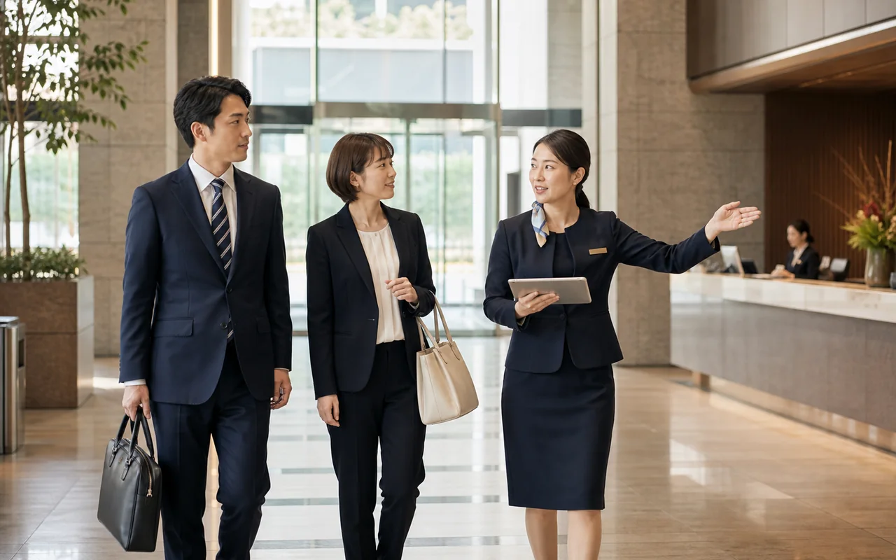 현대적인 일본 기관 로비에서 방문객의 도착 일정과 이동 방향을 안내하는 현지 운영 담당자