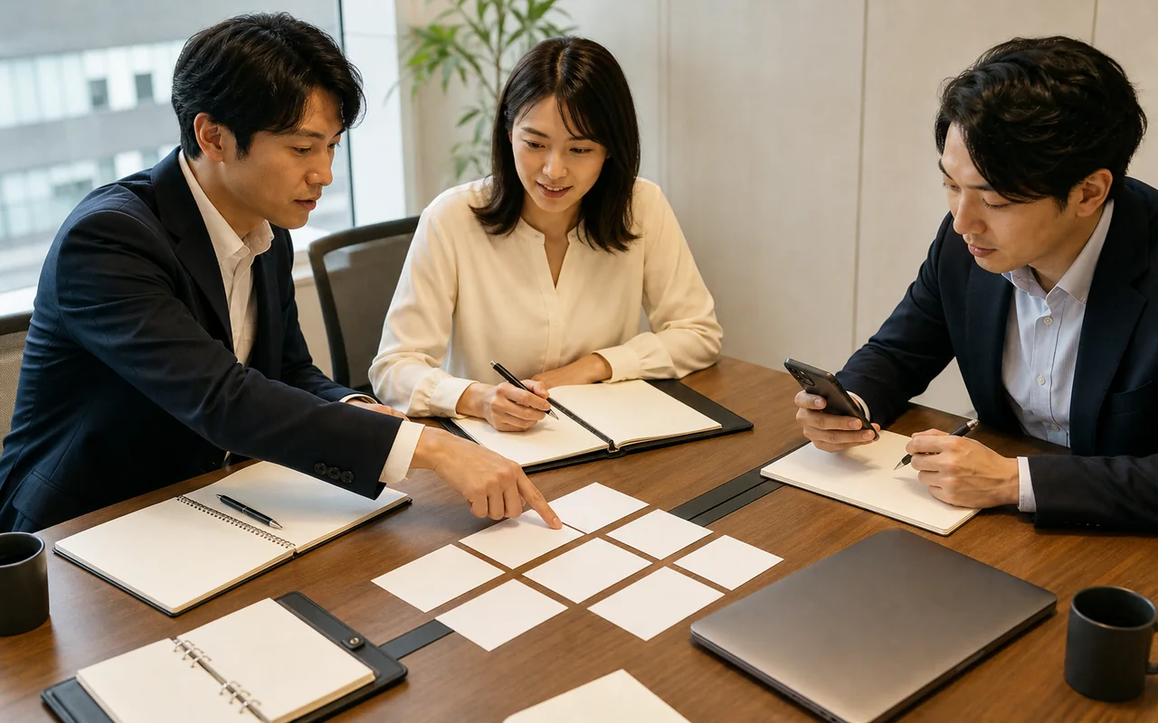 일본 비즈니스 미팅 직후 결정사항과 후속 업무 카드를 함께 정리하는 실무 담당자들