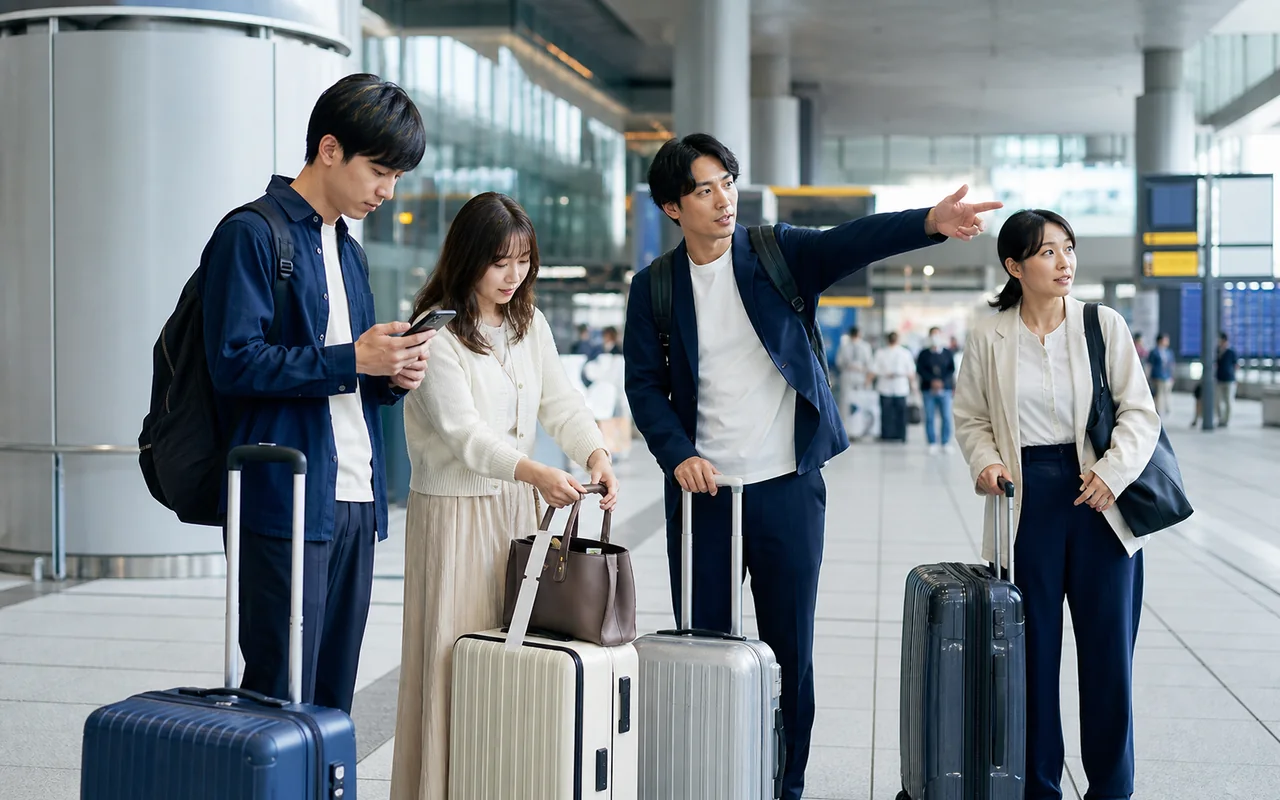일본 공항 도착 후 수하물과 휴대전화 일정을 확인하며 이동 방향을 정하는 여행객들