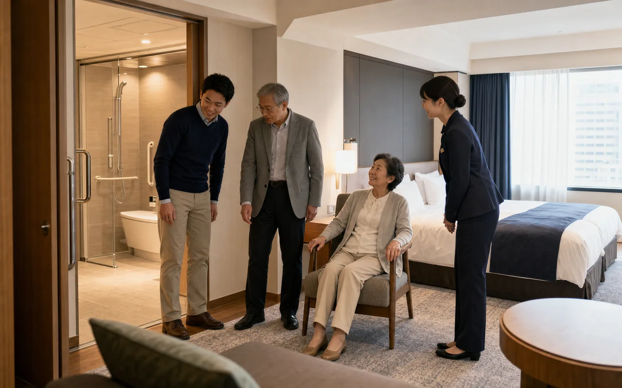 부모님과 함께 일본 호텔 객실의 의자와 욕실 이동 동선을 확인하는 가족